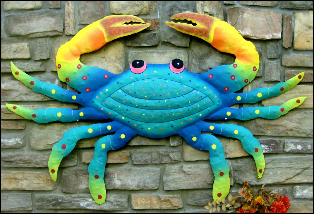 Hand painted metal crab wall decor, Hand cut from recycled steel