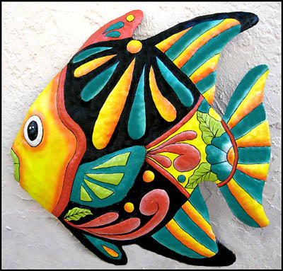 Yellow & Turquoise Hand Painted Metal Fish Wall Hanging - Tropical Home  Decor - 24 x 24
